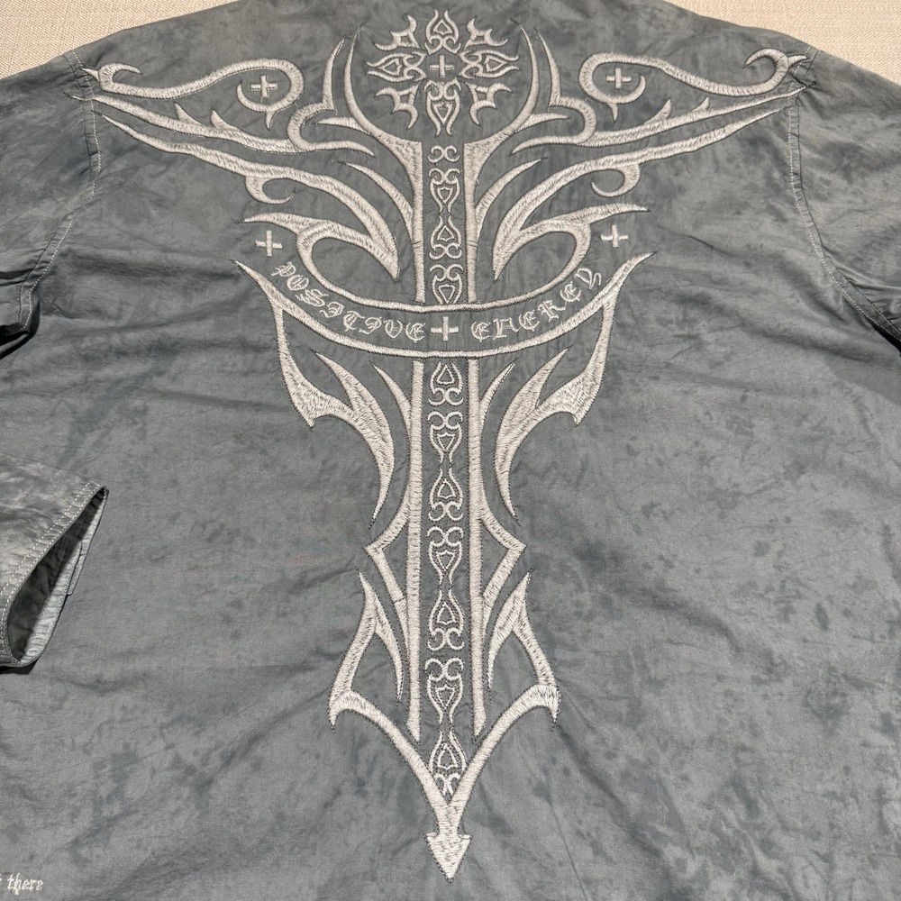 Roar Embroidered Cross Grunge Y2k Button Up Shirt Mens 2XL Distressed Western - Picture 8 of 10